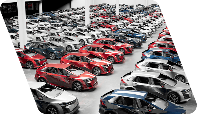 Rows of parked cars in various colors.